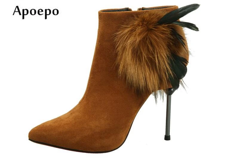

New Sexy High Heel Riding Boots 2018 Pointed Toe Fur Decorations Thin heels boots woman ankle boots sping short boots