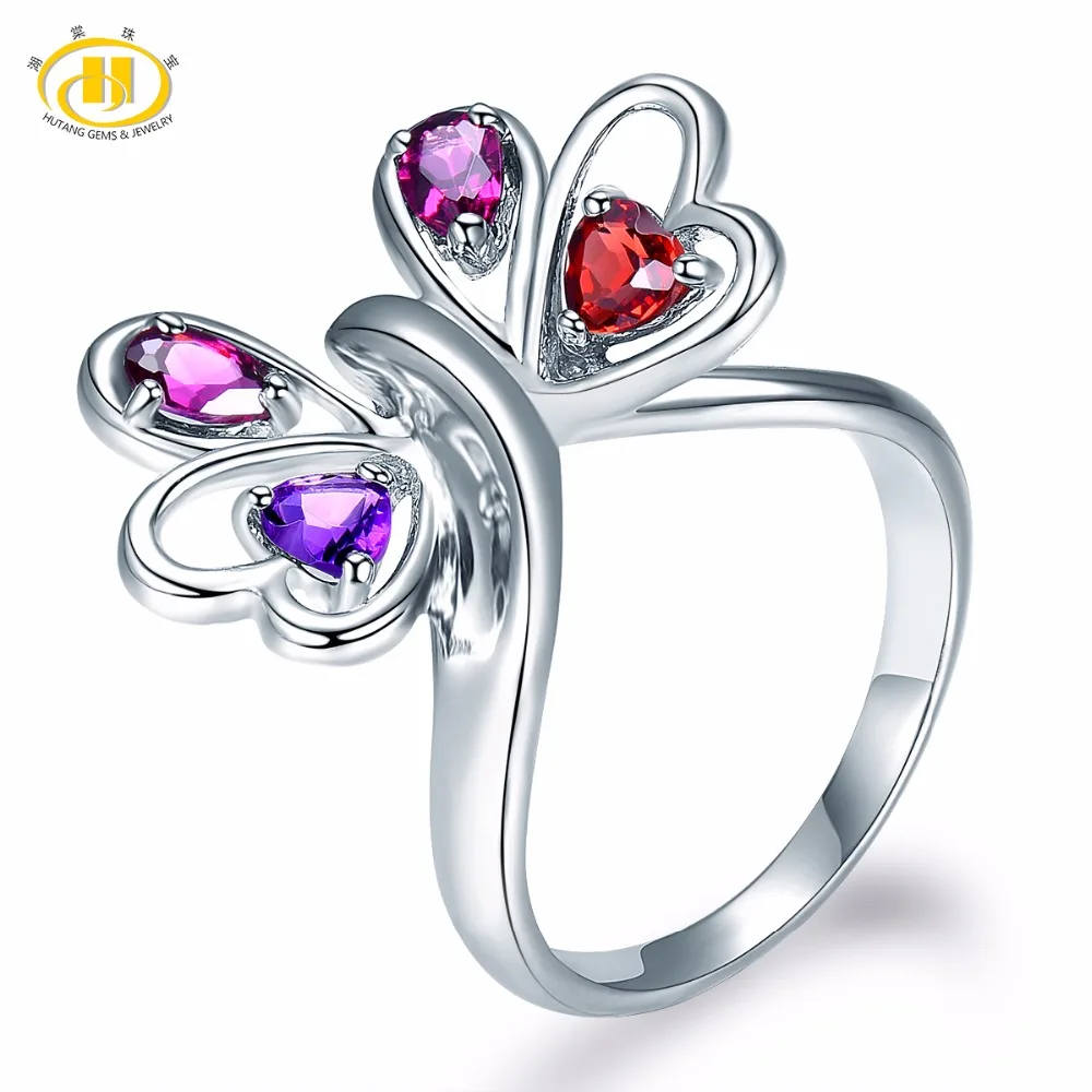 

HUTANG Stone Jewelry Natural Gemstone Rhodolite Garnet & Amethyst 925 Sterling Silver Flower Ring Fine Fashion Jewelry For Gift