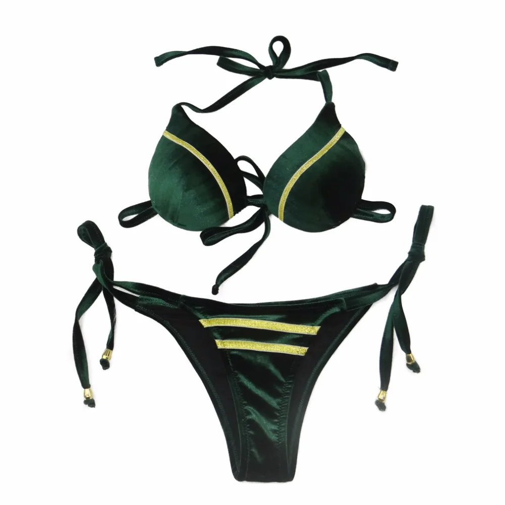 

Hipster Green Velvet Bathing Suit Sexy Halter Bikini Set Hot Sell Bandage Brazilian Swimwear Low Waist Beach Swimsuit Women