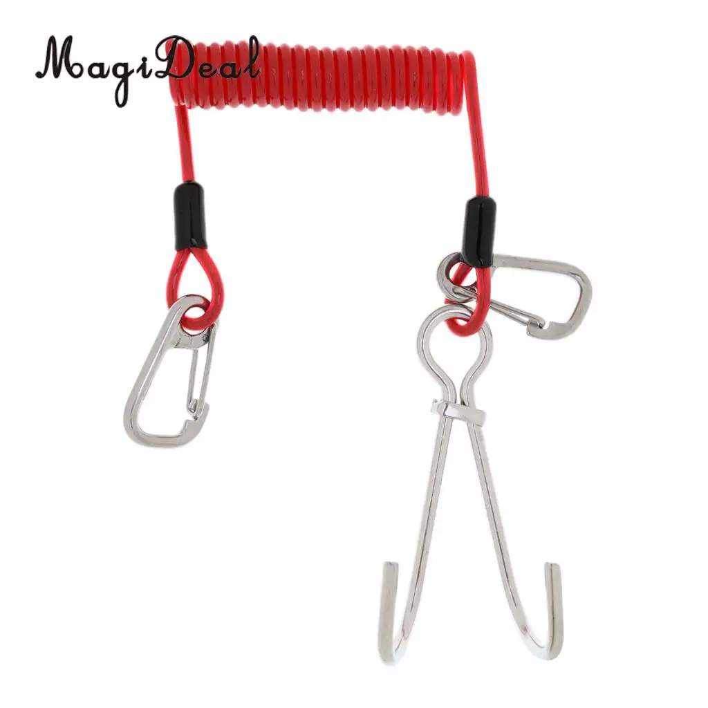 MagiDeal High Strength Scuba Diving Reef Double Hooks&Spiral Coil Lanyard+Carabiner Kit for Drift Dive Swiming Underwater Sport