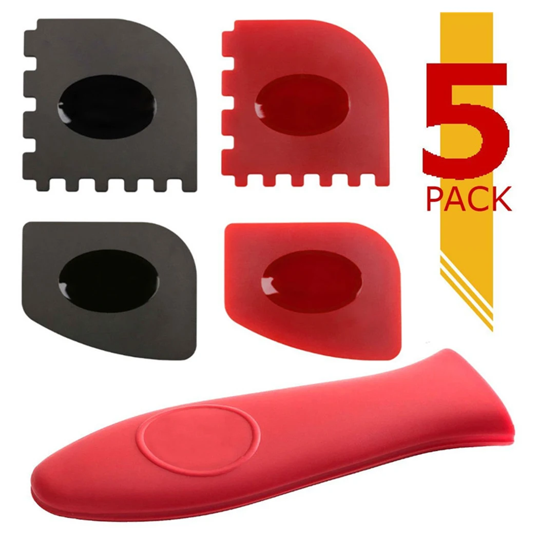 5 Piece Durable Grill Pan Scraper Plastic Set Tool Silicone Hot Handle Holder for Cast Iron