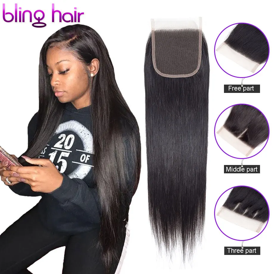 

Bling Hair 4 x 4 Brazilian Closure Straight Human Hair Free/Middle/Three Part 100% Remy Lace Closure 8-22 Inch Natural Color