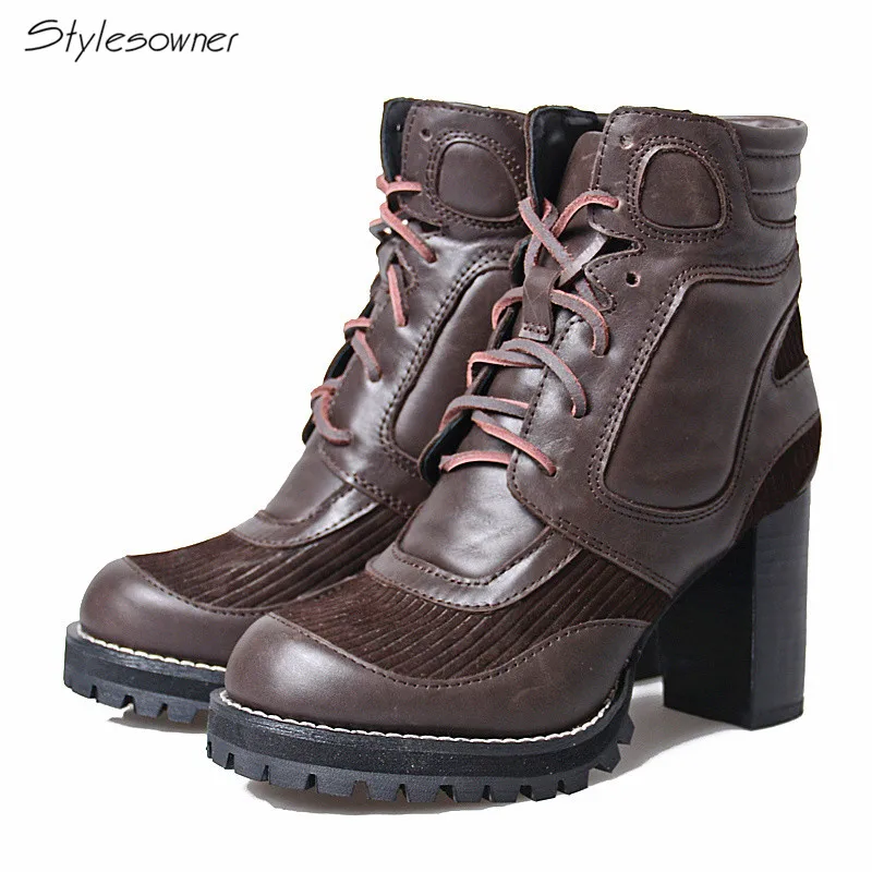 

Stylesowner Fashion Cow Skin Genuine Leather Neutra Buckle Round Toe Boots Handsome Thickness Bottom Super High Heel Boots