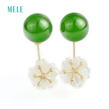 Natural green jasper rose gold earring , 18K rose gold, green jasper with white seashell flower, 8mm jasper stone