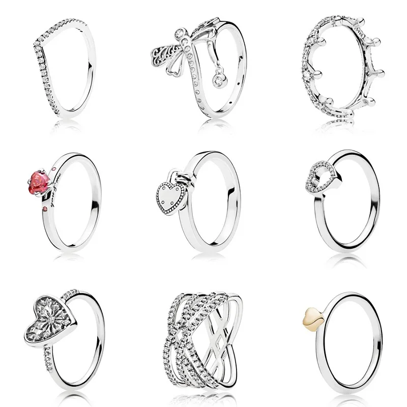 9 стилей, 1 шт., женские 925 пробы, серебряные кольца, ювелирное изделие, корона, сердце, Бабочка, кристалл, стильное кольцо для женщин, ювелирные изделия
