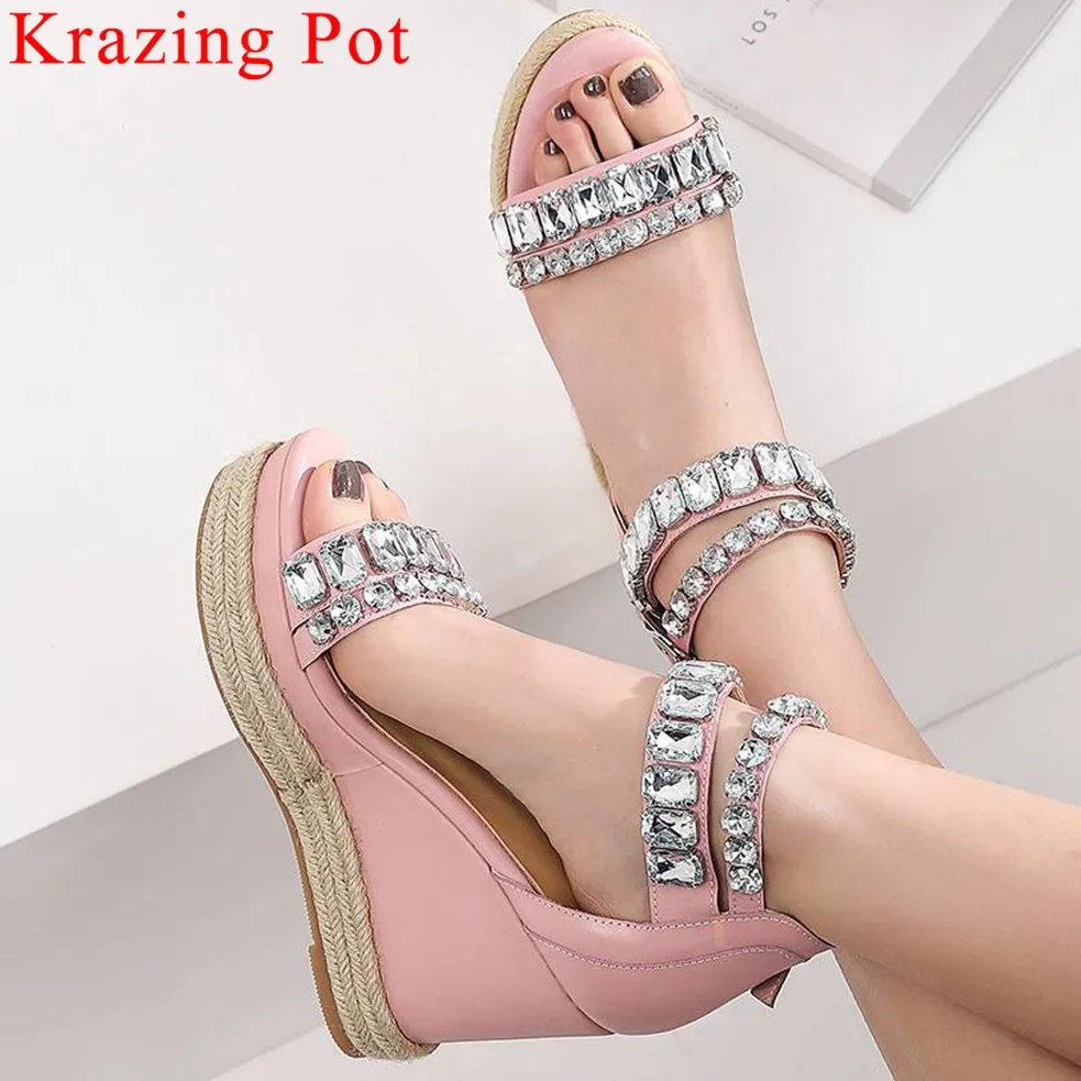 

Krazing Pot straw crystals decoration buckle strap wedges super high heel runway peep toe increased gladiator summer sandals L05