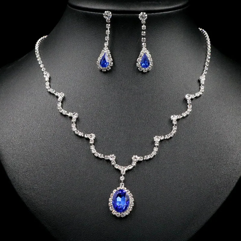 TREAZY Royal Blue Crystal Bridal Jewelry Sets Silver Plated Rhinestone Necklace Earrings Set for Women Prom Wedding Jewelry Sets