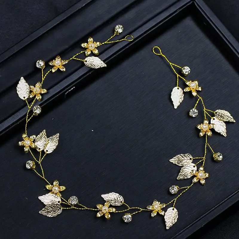 

Women Fashion Golden Leaf Flower Pearl Rhinestone Bride Headband Hairband Wedding Bridal Head Piece Hair Ornaments Jewelry SL