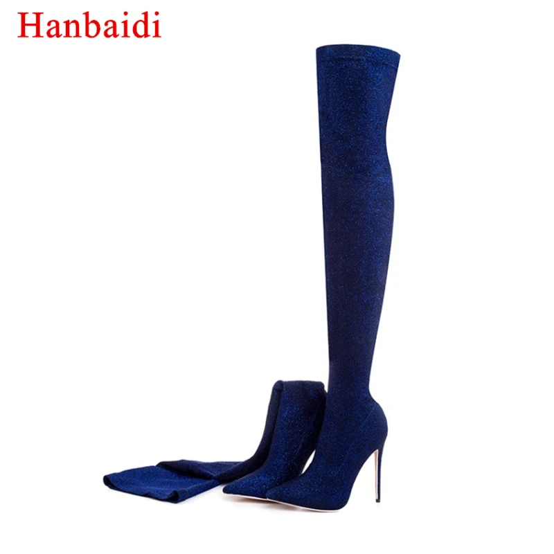 

Hanbaidi Sexy High Heel Sock Boots Women Pointed Toe Sequined Stretch Over The Knee Boots Woman Fashion Long Boots Shoes Women