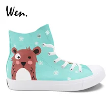 Вэнь обувь для мальчиков и девочек повседневная с рисунком медведя из мультфильма Снежинка ручная роспись спортивная обувь холст шнуровк