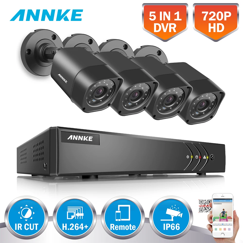 

ANNKE 5in1 8CH 1080N 720P H.264+ HDMI CCTV DVR 4PCS 1MP 720P Smart IR Cut Outdoor Weatherproof Security Camera Surveillance Kits