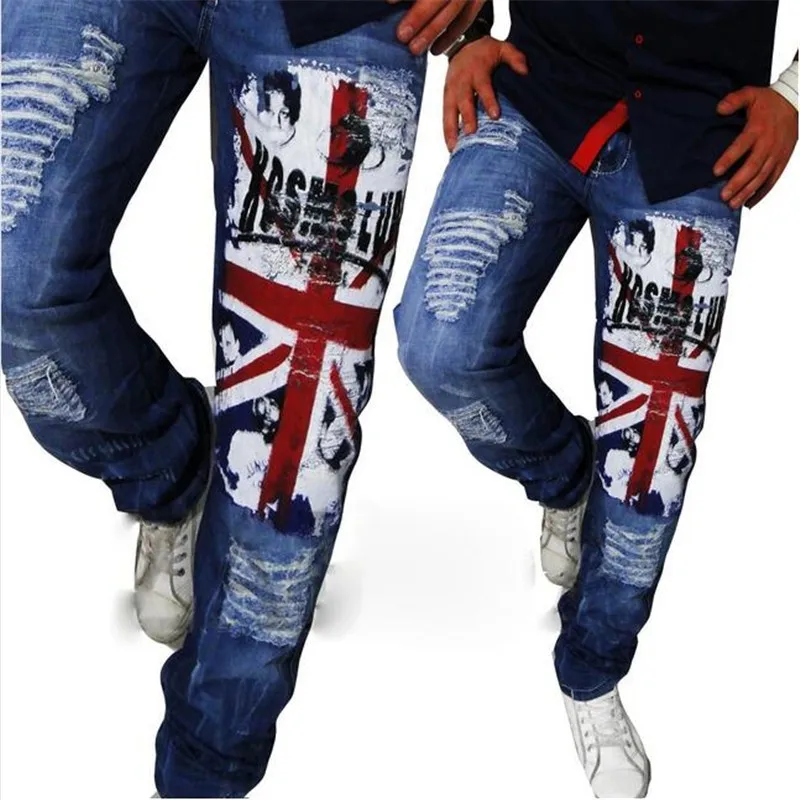 New Arrival Men Casual American USA Flag Printed Jeans Pants Mens