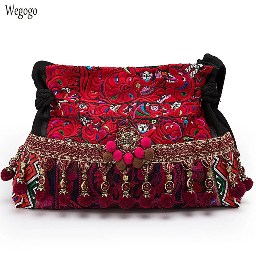 

Original Women Handbag National Thai India Floral Embroidered Boho Canvas Shoulder Messenger Bags Tassel Large Travel Totes
