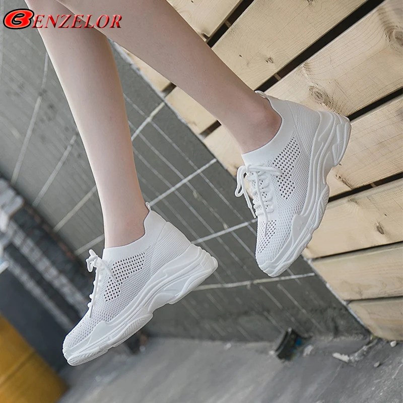

BENZELOR Fashion Mesh Breathable Casual Women Shoes Knitted Sneakers Walking Platform Ladies female Chaussures White Thick soled