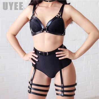 

UYEE Sexy Body Bondage High Quality PU Leather Garter Sets Bra Chest Bondage Leg Suspenders Female Erotic Fetish Harness Belt