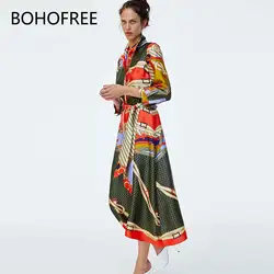 BOHOFREE осеннее платье с отложным воротником Цветочный принт длинное платье Mujer Boho Chic Однобортный макси Vestidos даже вечерние платье