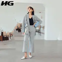 HG полосатый комплект из двух предметов женская одежда 2019 Новый Повседневный СВОБОДНЫЙ Модный пуловер Длинный рукав отложной воротник WLD1406