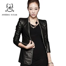 Весенняя Новинка, Женская куртка из натуральной овчины, повседневная, мотоциклетная, черная, сексуальная, тонкая, с v-образным вырезом, на молнии, OL, офисные женские куртки, пальто