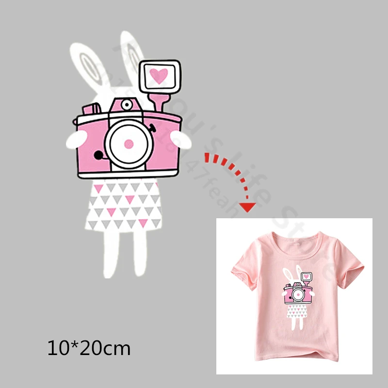 

Rabbit Camera Stickers for Girl Clothing Transfer Thermal Press Pyrography Paper iron On Washable T-shirt Sweater Fleece Patches