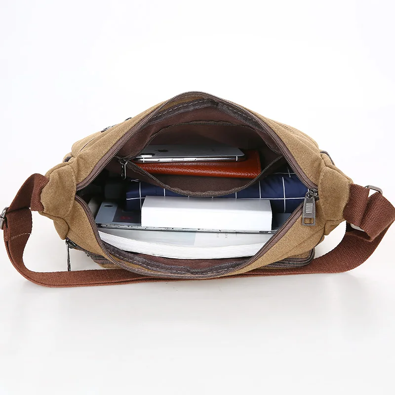 Men Canvas Shoulder Bag Multifunction Casual Travel Crossbody Bags Vintage Solid Zipper Men Messenger Top-handle Handbags