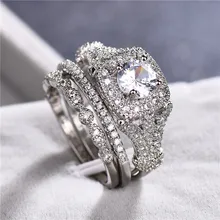 Conjunto de anillo de piedra grande de cristal para mujer, anillo de compromiso redondo de plata 925, anillos de boda de novia Vintage para mujer(China)