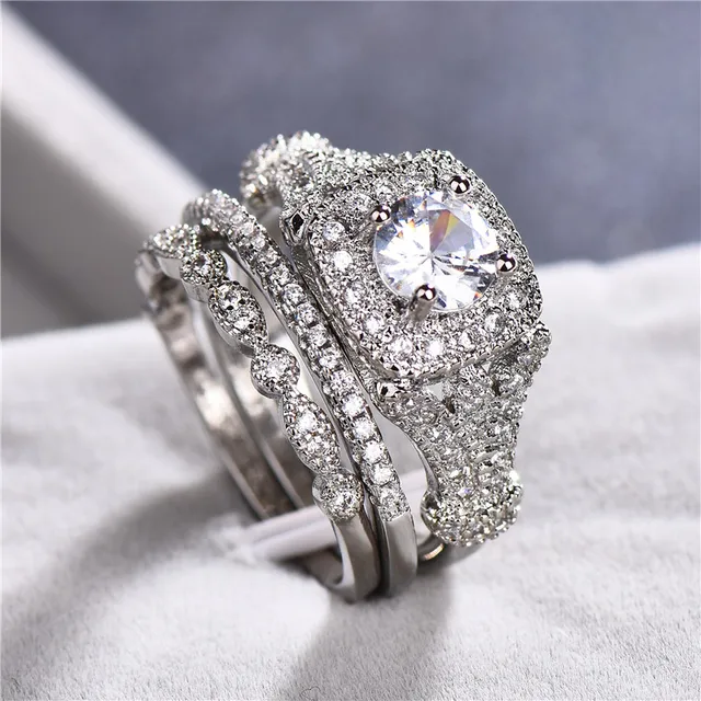 Male Female Crystal Big Stone Ring Set Luxury 925 Silver Round ...