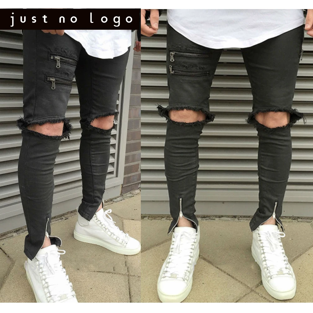 Mannen Zwart Grote Vernietigd Knie Gaten Jeans Enkel Rits Ripped Skinny fit  Gescheurde Biker Broek Gedragen Verontruste Jogger Broek|jeans ankle  zipper|ripped skinnybiker pants - AliExpress