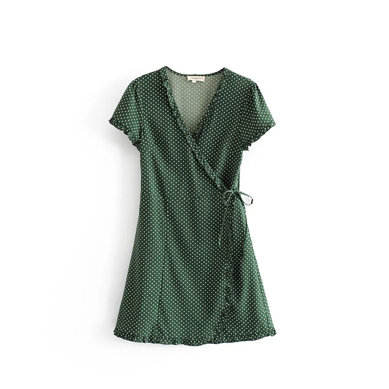 

2018 za summer Women POLKA DOT PRINT dresses za Dress CROSSOVER V-NECK belted Women SHORT sleeve