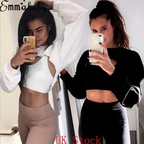Women Irregular Crop Sweatshirt O Neck Hoodies Pullovers