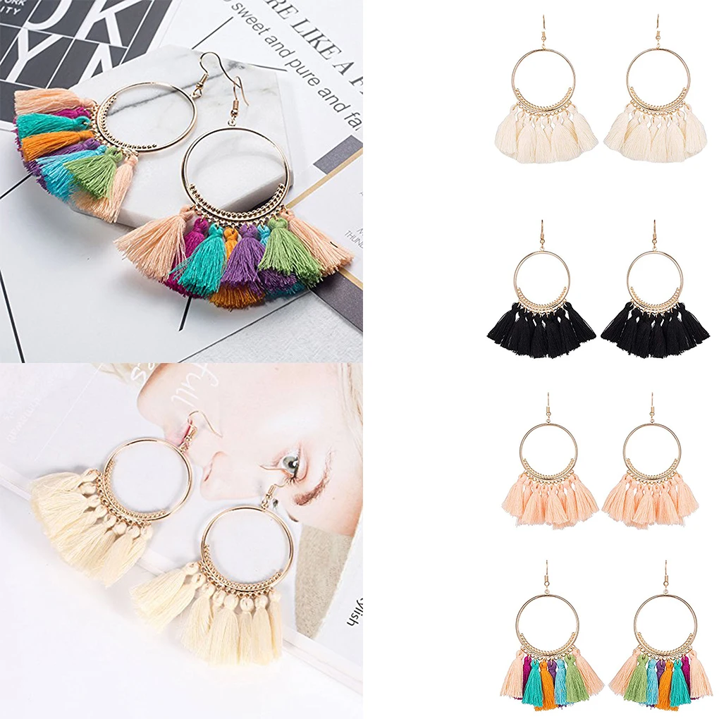 

Colorful Round Hoop Allergy Free Earring Bohemia Style Colorful Thread Tassel Pendants Earring