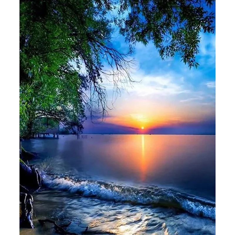 

Diy Diamond Painting Setting Sun Landscape Cross Stitch Full Round Diamond Painting Rhinestones Gift