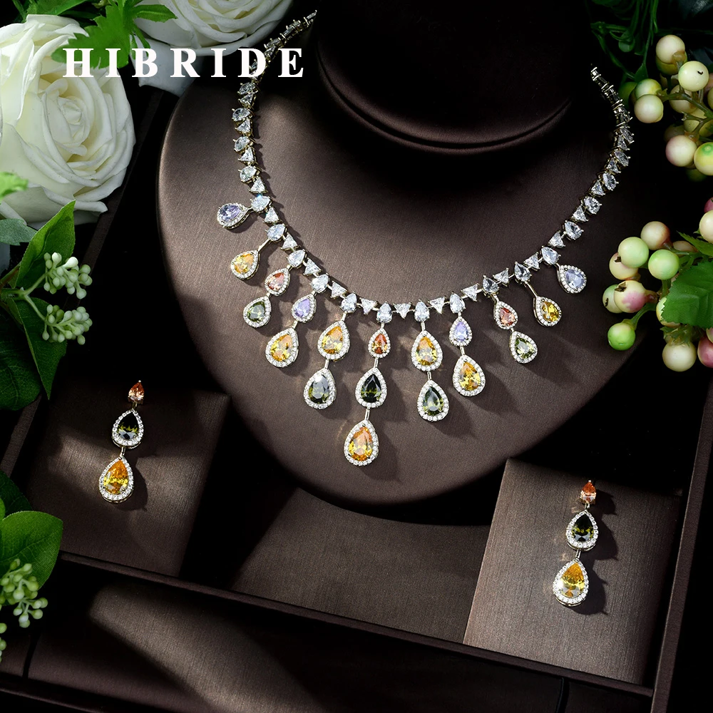 

HIBRIDE New design luxury AAA Zircon Water Drop Shape Jewelry Set for Women Multicolor High Quality Party jewelry Wedding N-369