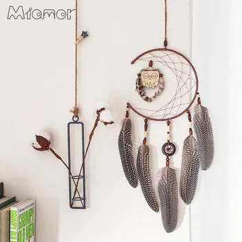 

Handmade Double Ring Dreamcatcher With Owl Pendant & Big Feathers Bar & Wedding & Home Wall Hanging Decor Gift Regalo AMOR141