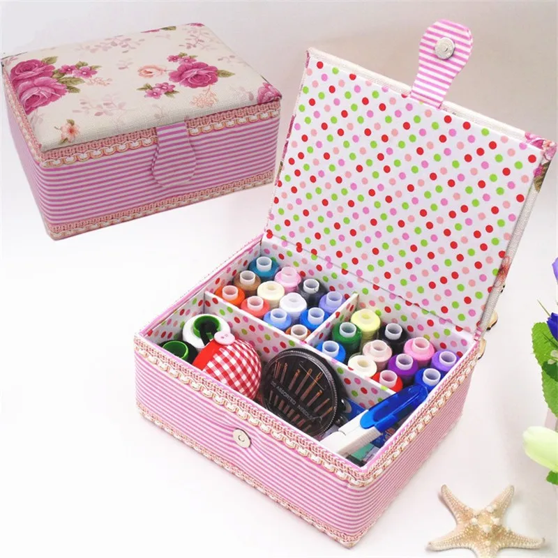 

Multifunction Household Pink Cloth Sewing Box Korea handmade Needle Tape Scissor Threads Sewing Tools kit Home Storage Box