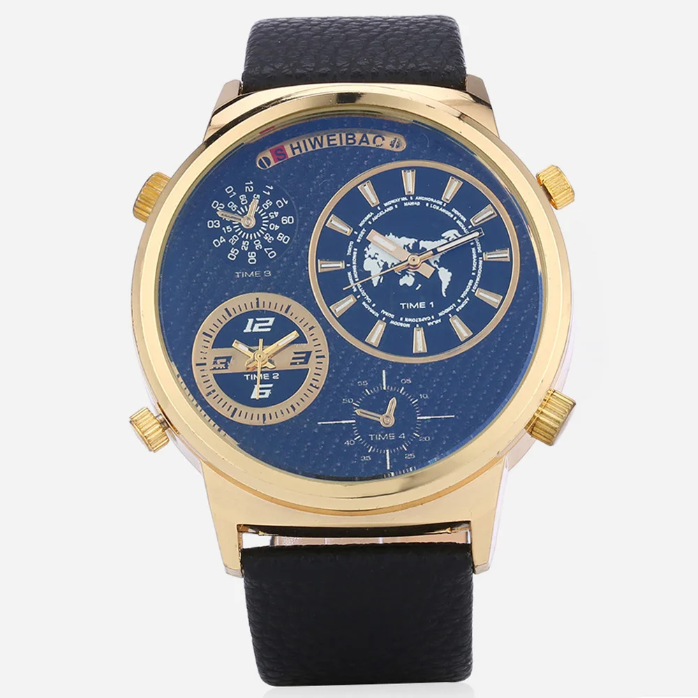 cool big golden case watch for men dual time zones military mens wrist watches quartz sports watches free shipping dz (2)