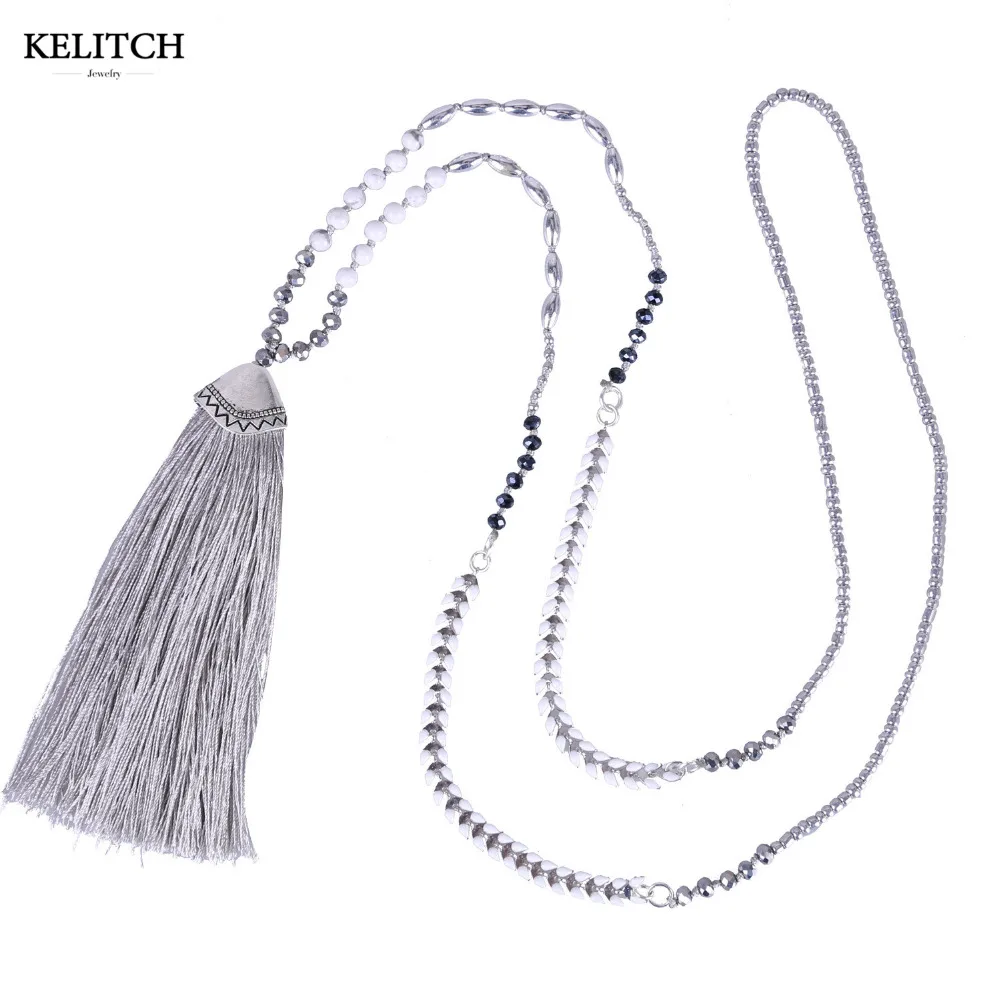 

KELITCH Jewelry 1Pcs 2017 Newest Statement Black White Crystal Beaded Long Chain Tassel Handmade Bohemian Friendship Necklace