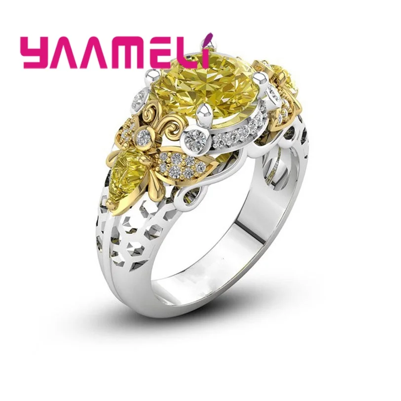 

100% 925 Sterling Silver Vintage Elegance Yellow CZ Engagement Ring for Women Wedding Party Accessories Jewelry Bee Design