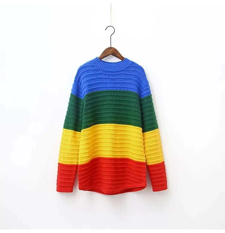 

Autumn Rainbow Gradient Knitting Sweater Long Sleeve High Collar Loose Sweater Turtleneck Casual Wide Stripe Sweater Pullovers