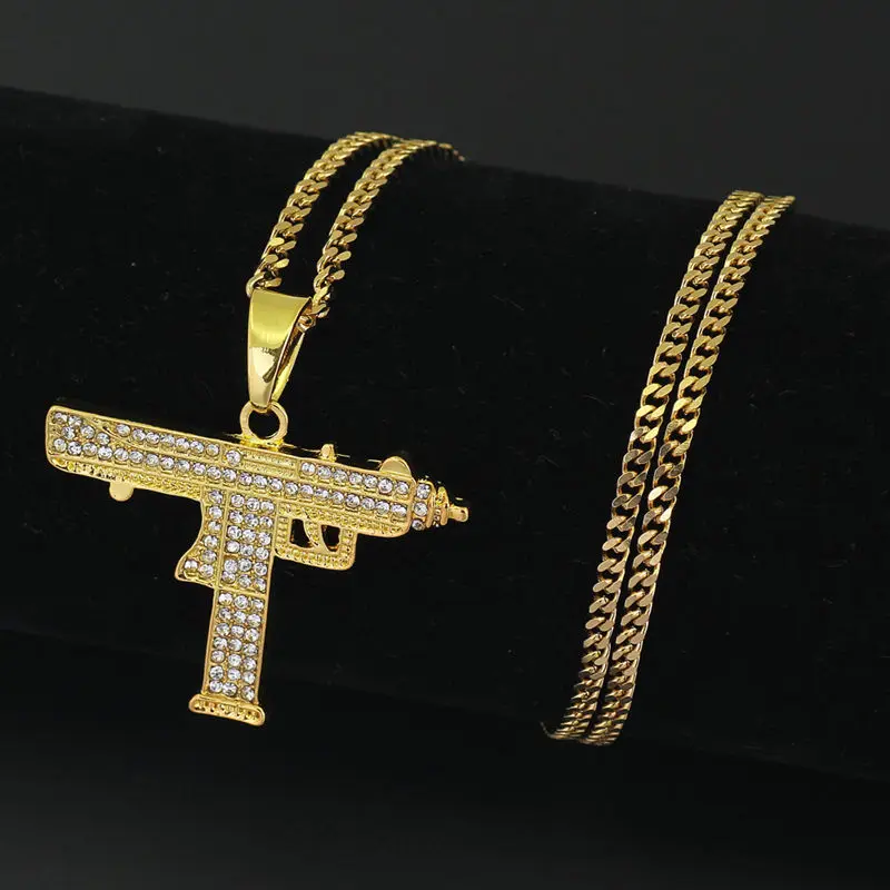 Bling bling AK-47 вращающийся пистолет-Пистолет Хип-хоп золото серебро кристалл кулон ожерелье, Льдом Из кубинской цепи ювелирные изделия