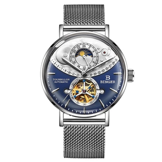Швейцарские автоматические часы для мужчин Бингер Скелет Механические Мужские часы полная сталь сапфир Relogio Masculino водонепроницаемый reloj - Цвет: Blue B10002 steel