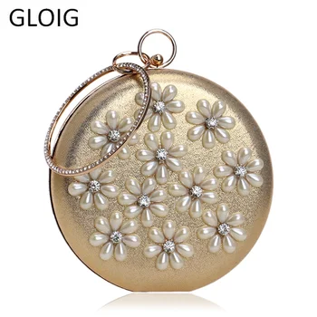 

GLOIG Flower Beaded Women Evening Bags Diamonds Flower Pearl Handbags Rhinestones Hanmade Style Day Clutch Purse