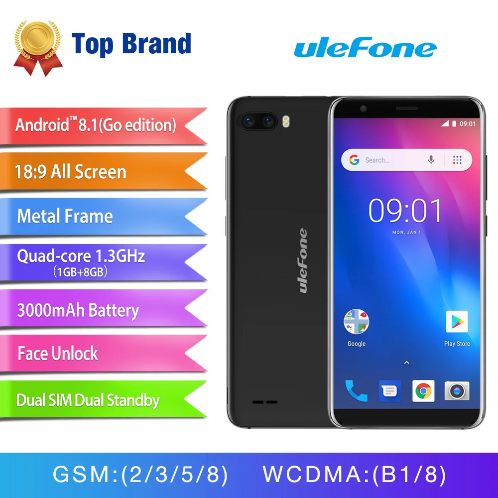 Ulefone S1 мобильный телефон Android 8,1 5,5 дюймов 18:9 MTK6580 4 ядра 1 ГБ Оперативная память 8 ГБ Встроенная память 8MP + 5MP Сзади Двойной Камера смартфон 3G