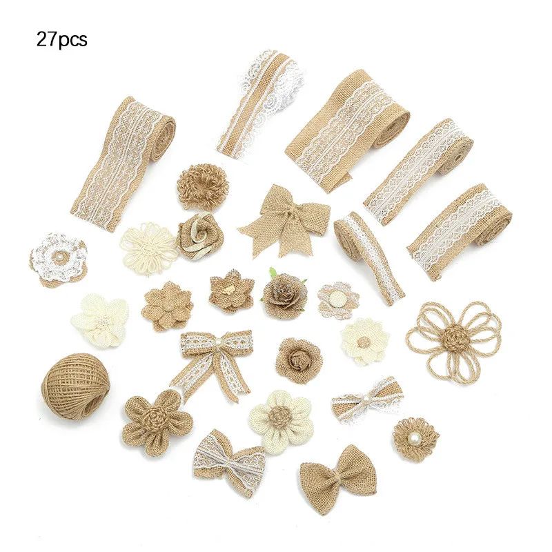 

27 Pcs Natural Burlap Lace Bow Flowers Set Handmade Antique Rose Bow For DIY Craft