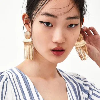 

JUJIA Vintage Statement Long Drop Earrings Ethnic Jewelry Gold Metal Tassel Earrings For Women Brincos