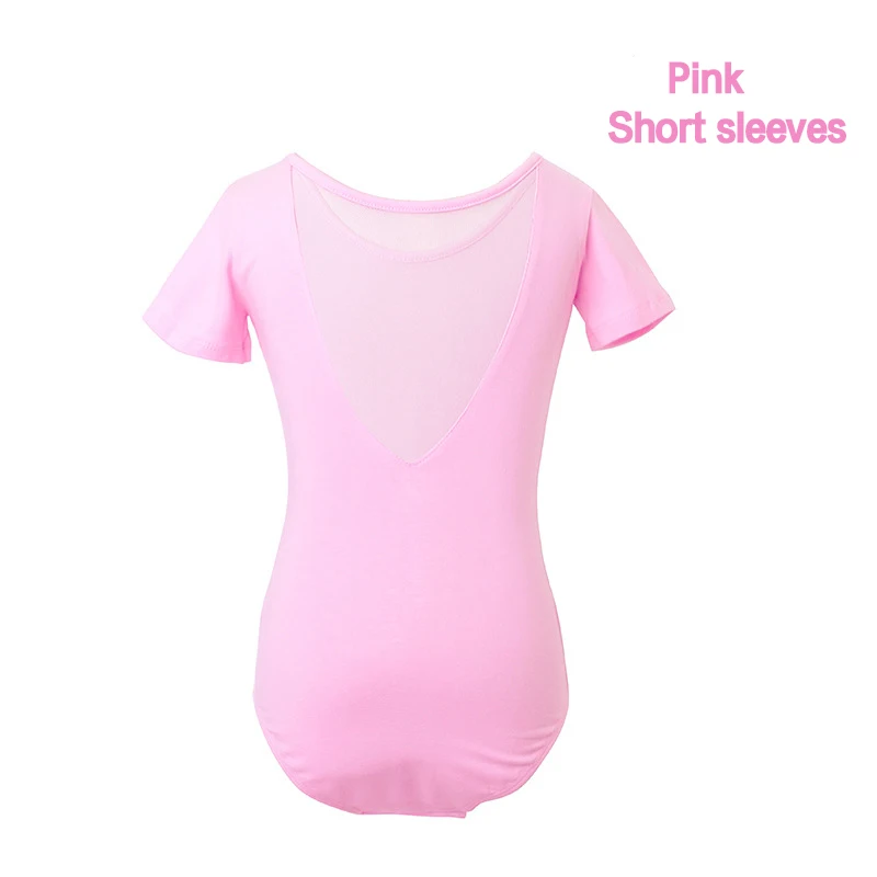 Pink-Short sleeves Балетные танцевальные трико для девочек с длинным/коротким рукавом, Детские сетчатые с v-образным вырезом сзади, танцевальные гимнастические тренировочные костюмы розового и синего цвета - Цвет: Pink-Short sleeves
