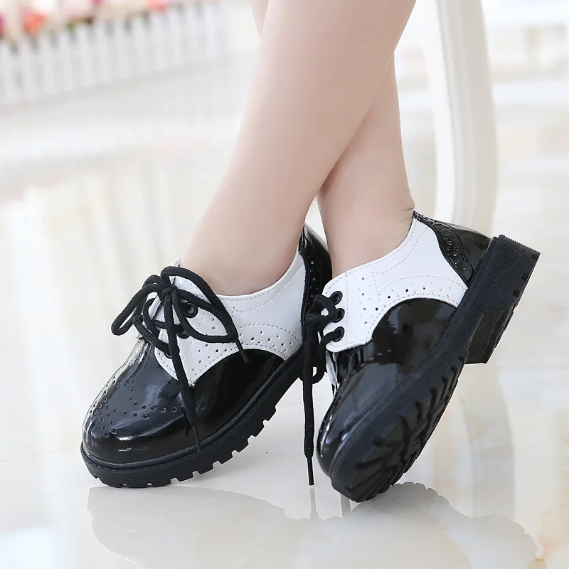 

2018 springtime new style children's leather fashion retro black and white boys and girls kids wedding shoes party shoes