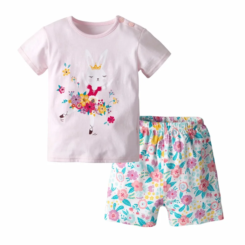 

Baby Girls Clothes Sets 2019 Summer Rabbit Printed Girl Short Sleeve Tops Shirts + Shorts Casual Kids Children's Clothing Suit