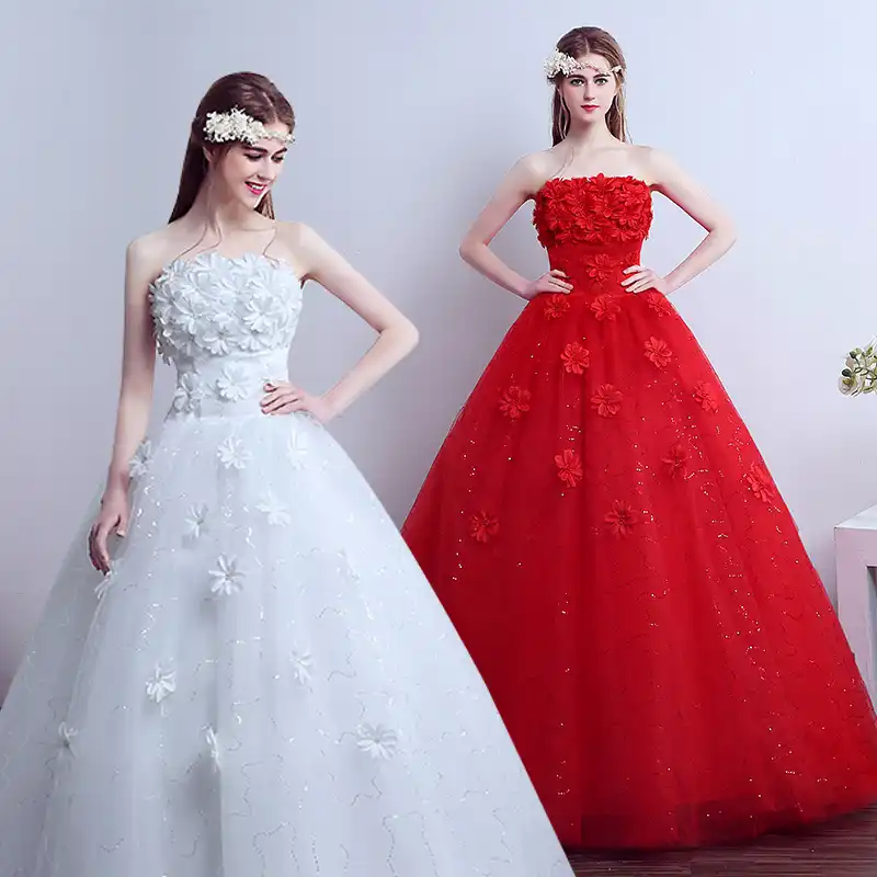 Vestido De Noiva Strapless Wedding Gowns Flowers Beaded Bride Gown