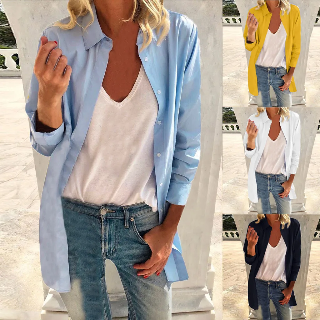 

Women Fashion Boho Turn Down Collar Sunscreen Loose Sheer Solid Blue Yellow Black White Cardigan Cover Up Summer Lady Clothing