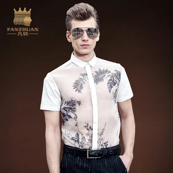

FANZHUAN 2017 Summer Men Hawaiian Short Sleeve Shirt Male Personality Transparent Floral Printed Shirt Men's Clothes Punk Style